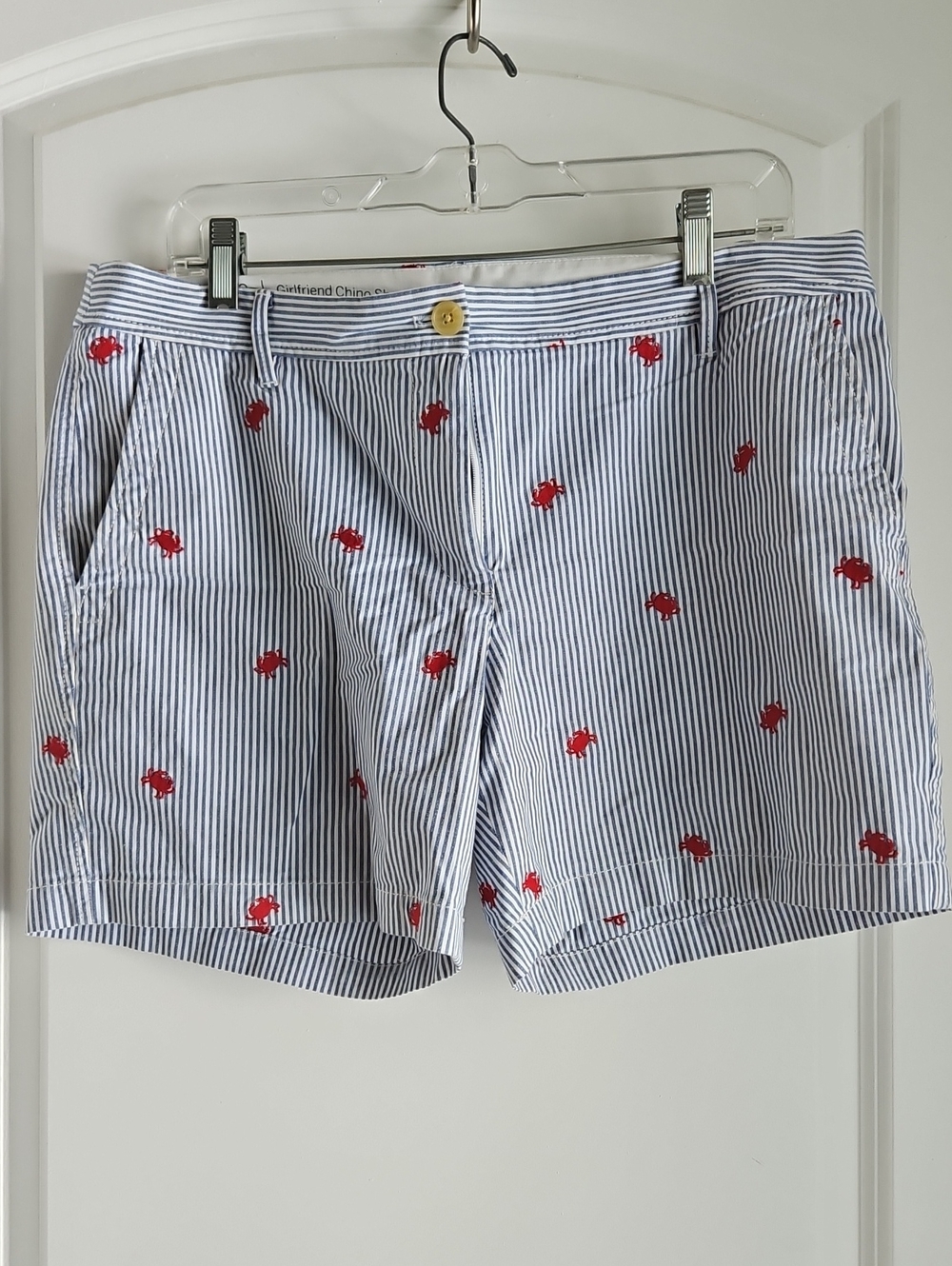 Talbots Navy and White Striped Bermuda Shorts with Red Crab Embroidery